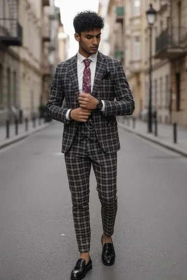 Costum barbati slim fit negru in carouri B7916 124